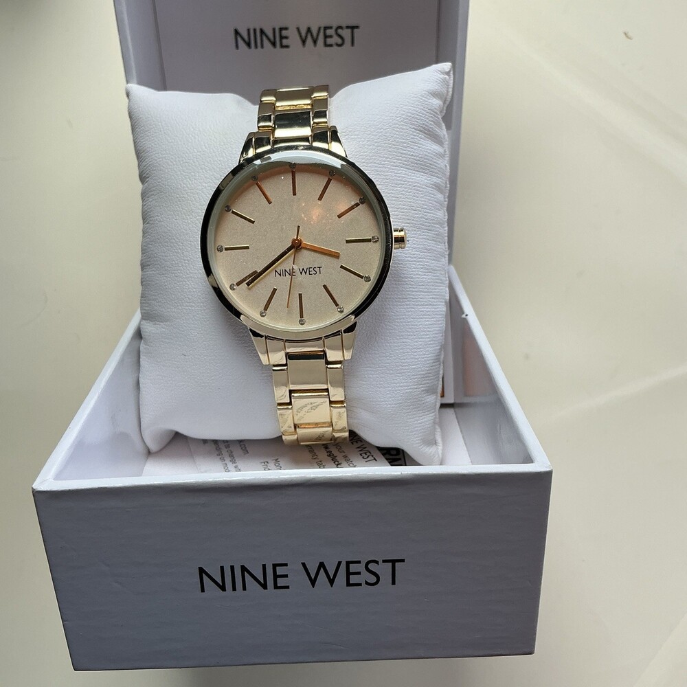 ★ Nine West NW2098CHGB Gold Crystal Accent Bracelet Watch 36mm Box